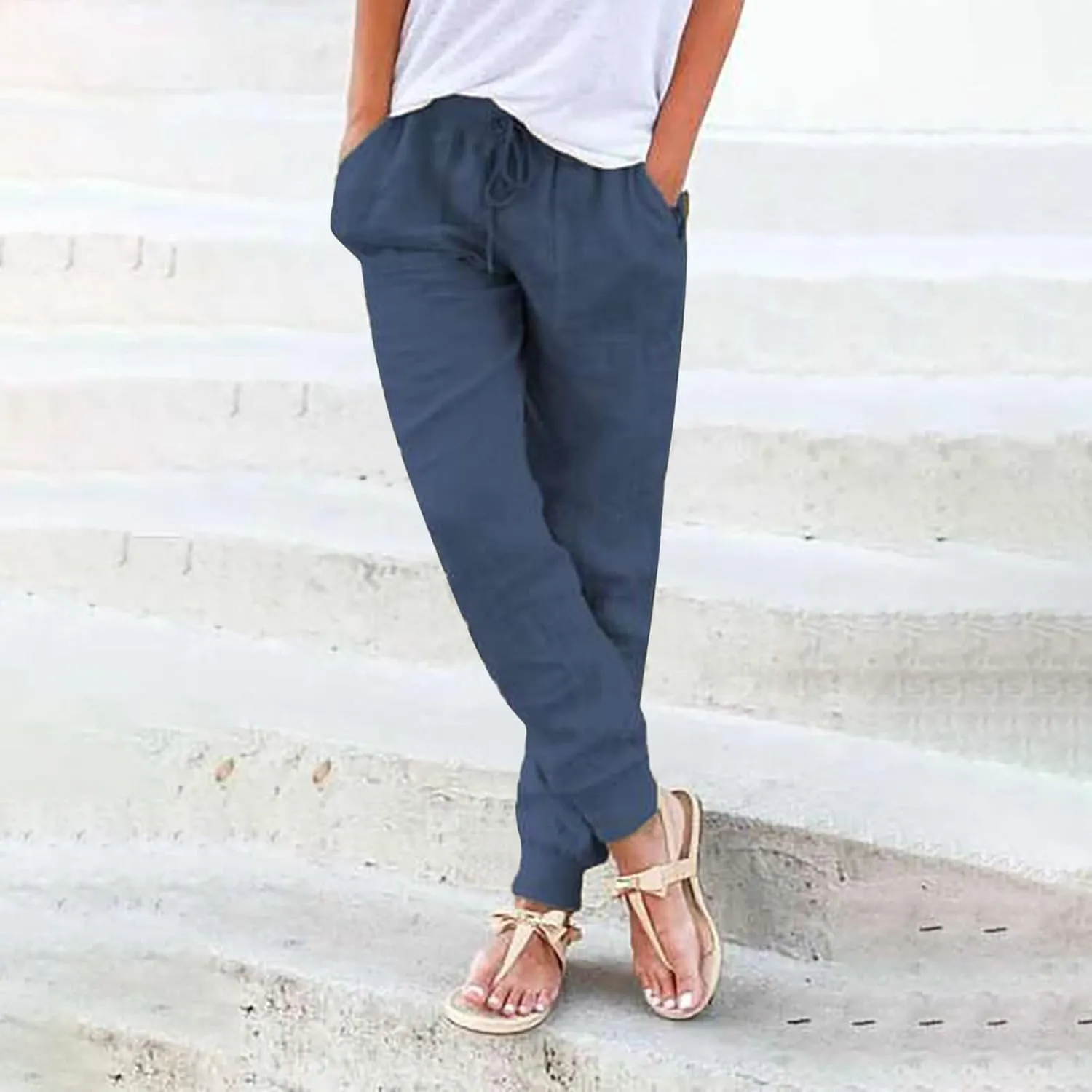 Linen Tapered Pants Women Drawstring Elastic Waist Casual Trousers with Pockets Straight Leg Loose Comfy Sweatpants