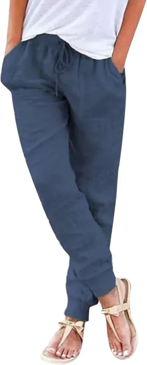 Linen Tapered Pants Women Drawstring Elastic Waist Casual Trousers with Pockets Straight Leg Loose Comfy Sweatpants