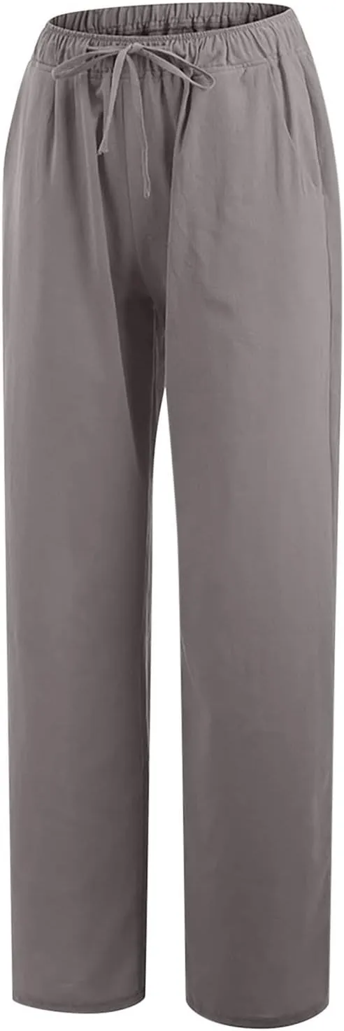 Linen Wide Leg Pants for Women Casual Summer 2024 Loose Comfy Lounge Pant Resort Wear Beach Drawstring Trousers