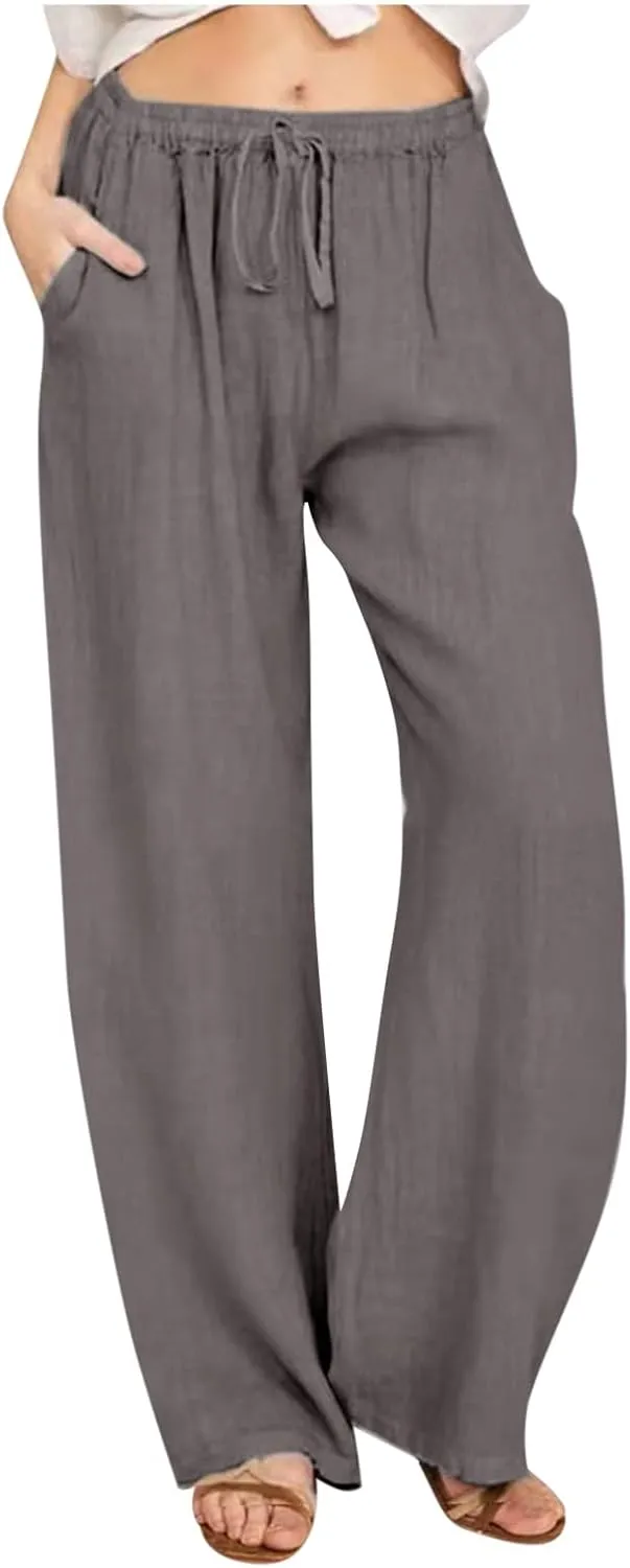 Linen Wide Leg Pants for Women Casual Summer 2024 Loose Comfy Lounge Pant Resort Wear Beach Drawstring Trousers