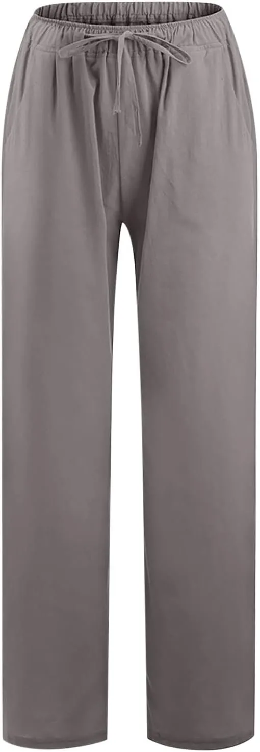 Linen Wide Leg Pants for Women Casual Summer 2024 Loose Comfy Lounge Pant Resort Wear Beach Drawstring Trousers