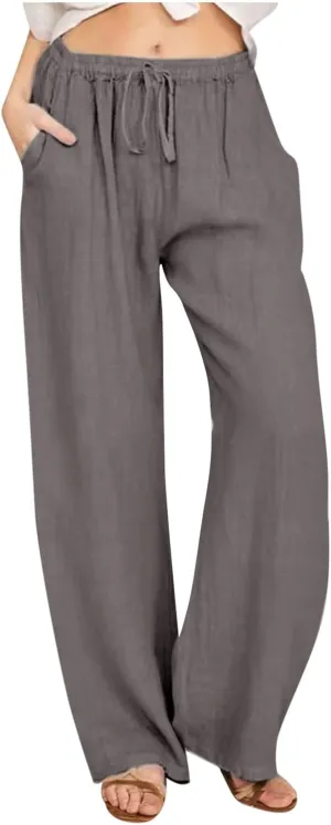 Linen Wide Leg Pants for Women Casual Summer 2024 Loose Comfy Lounge Pant Resort Wear Beach Drawstring Trousers