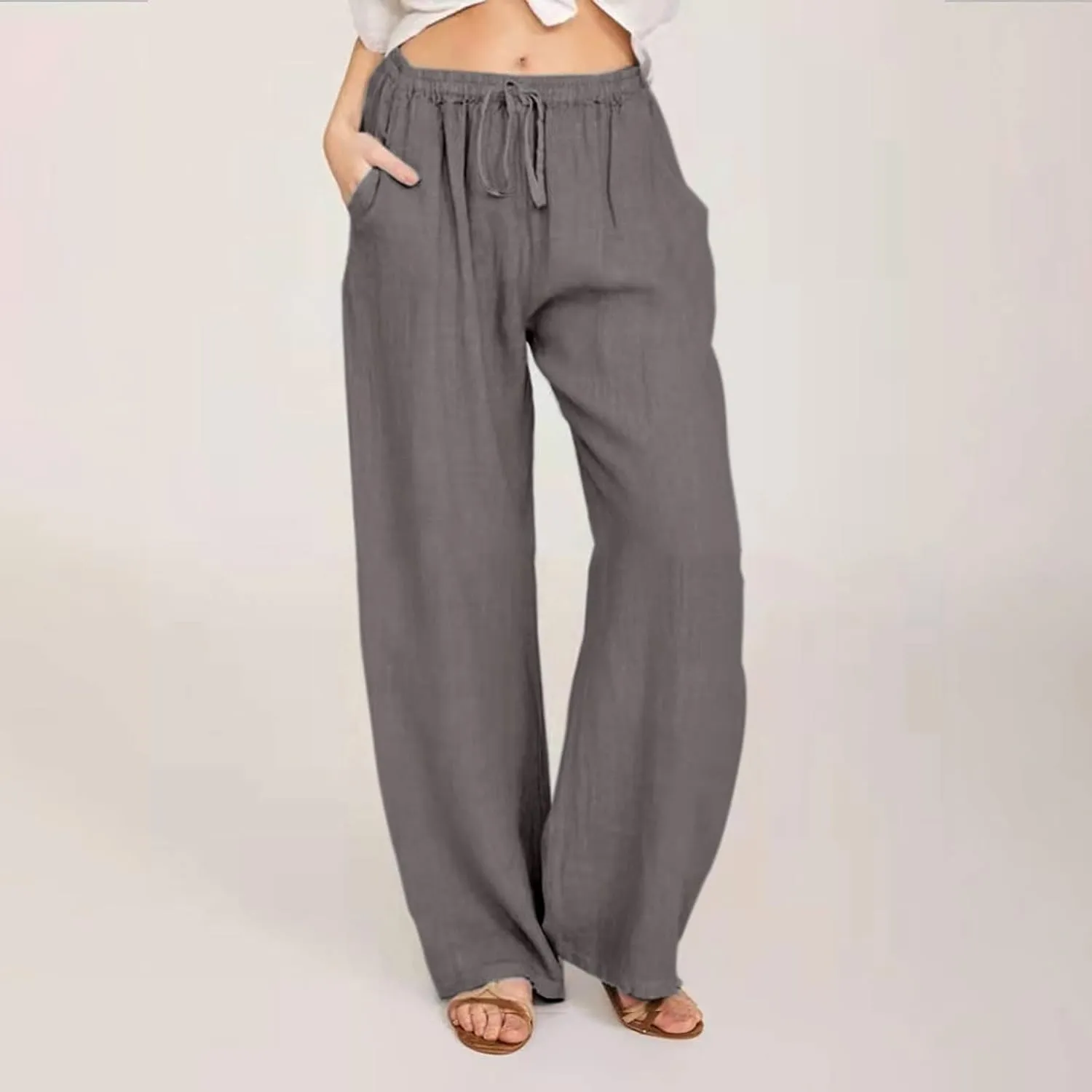 Linen Wide Leg Pants for Women Casual Summer 2024 Loose Comfy Lounge Pant Resort Wear Beach Drawstring Trousers