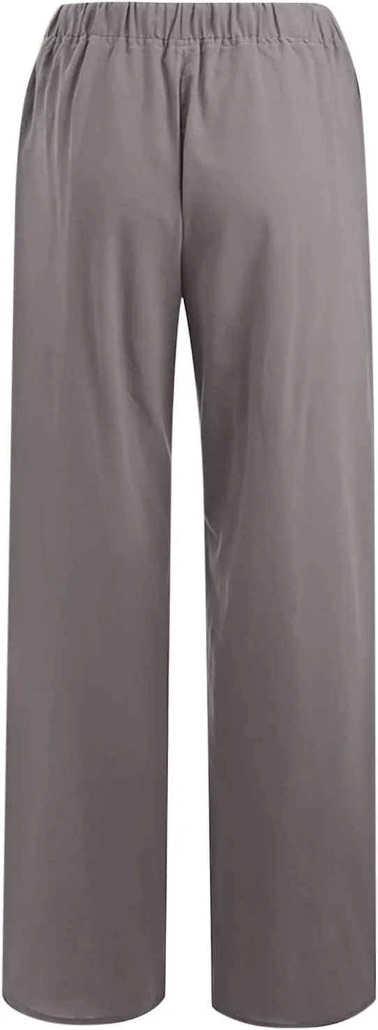 Linen Wide Leg Pants for Women Casual Summer 2024 Loose Comfy Lounge Pant Resort Wear Beach Drawstring Trousers