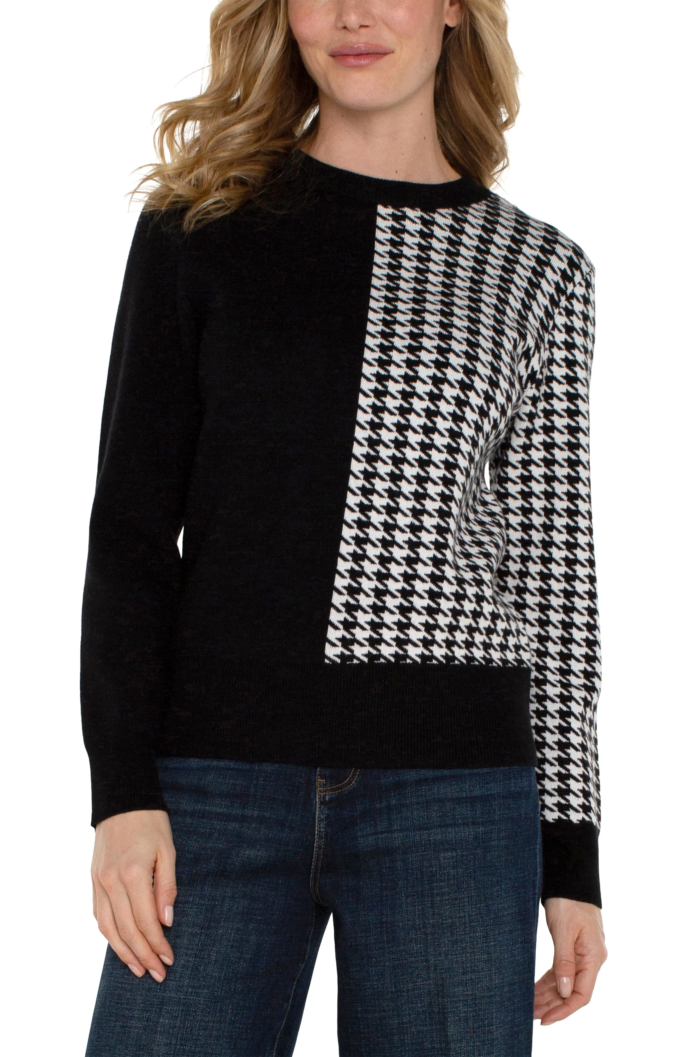 Liverpool Long Sleeve Crew Neck Blocked Sweater (Black/White Houndstooth)