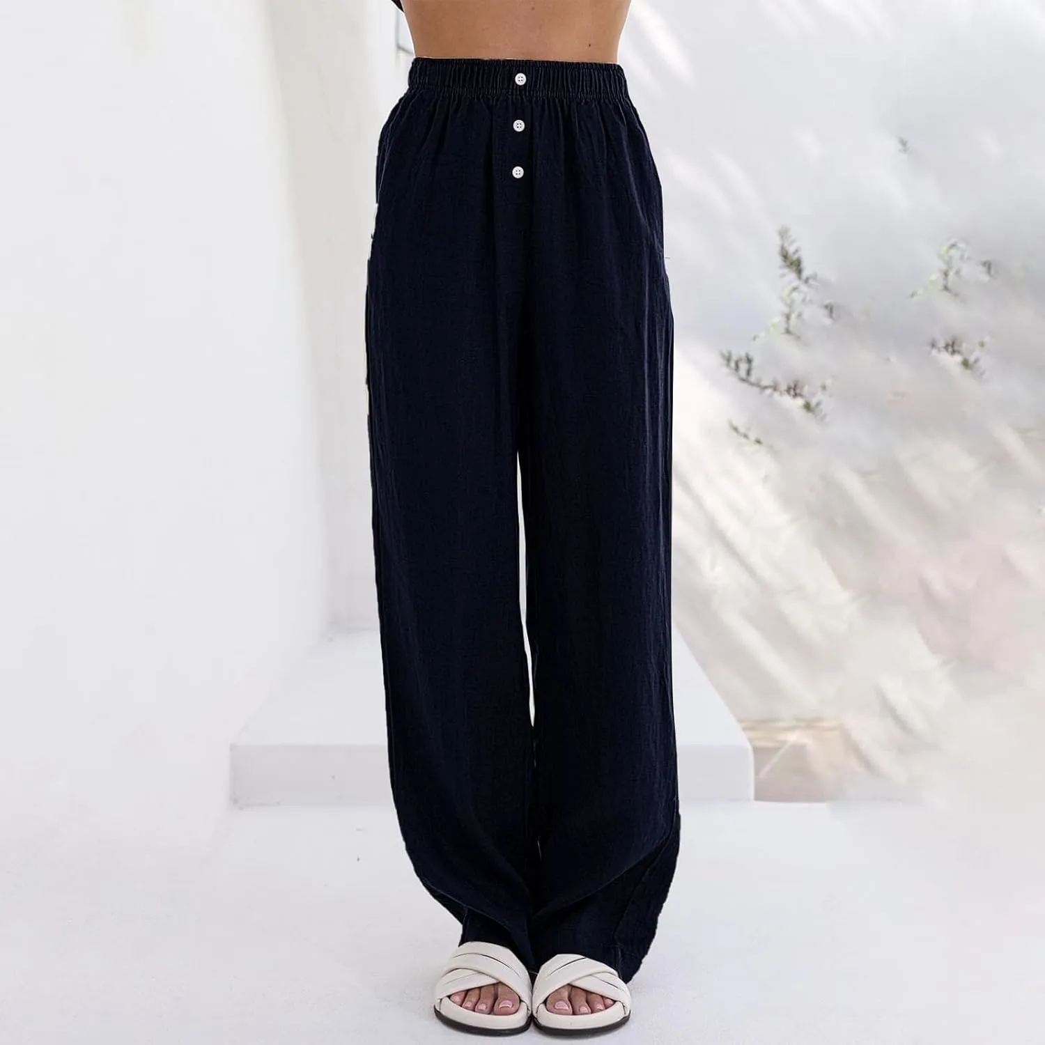 Loose Linen Pants for Women Elastic High Waisted Wide Leg Loose Comfy Trousers with Pockets Linen Blend Pants