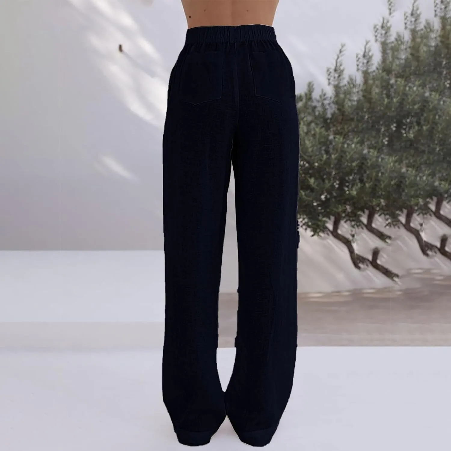 Loose Linen Pants for Women Elastic High Waisted Wide Leg Loose Comfy Trousers with Pockets Linen Blend Pants