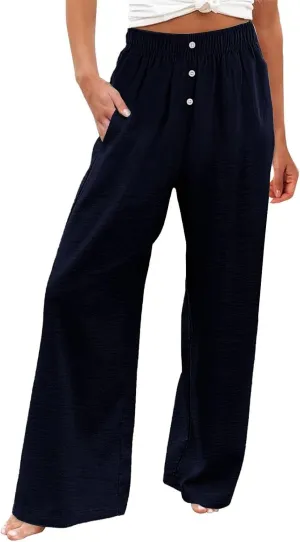 Loose Linen Pants for Women Elastic High Waisted Wide Leg Loose Comfy Trousers with Pockets Linen Blend Pants