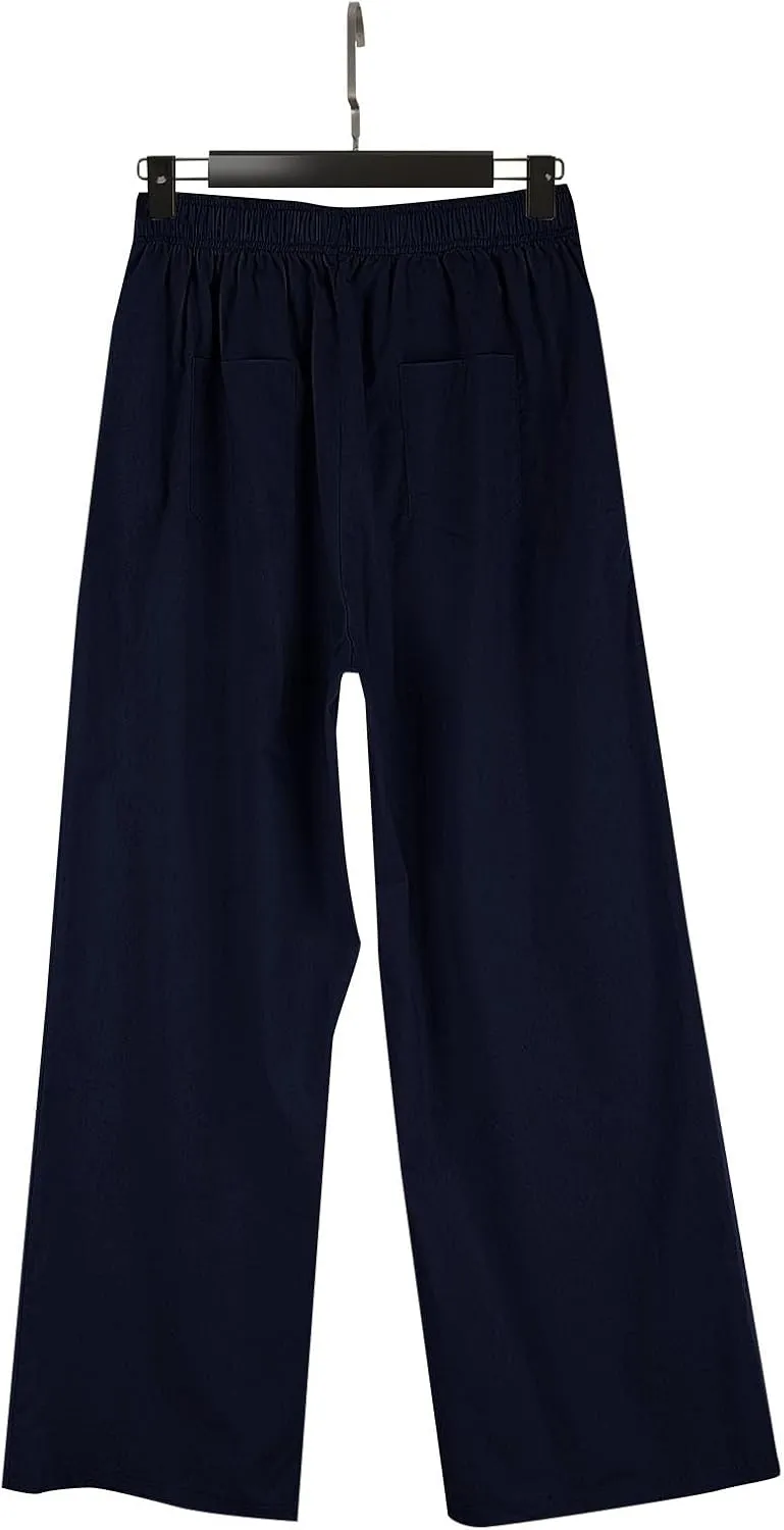 Loose Linen Pants for Women Elastic High Waisted Wide Leg Loose Comfy Trousers with Pockets Linen Blend Pants