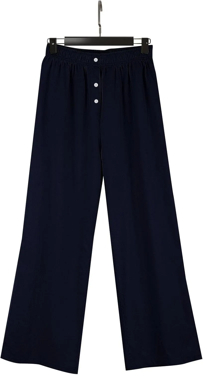 Loose Linen Pants for Women Elastic High Waisted Wide Leg Loose Comfy Trousers with Pockets Linen Blend Pants
