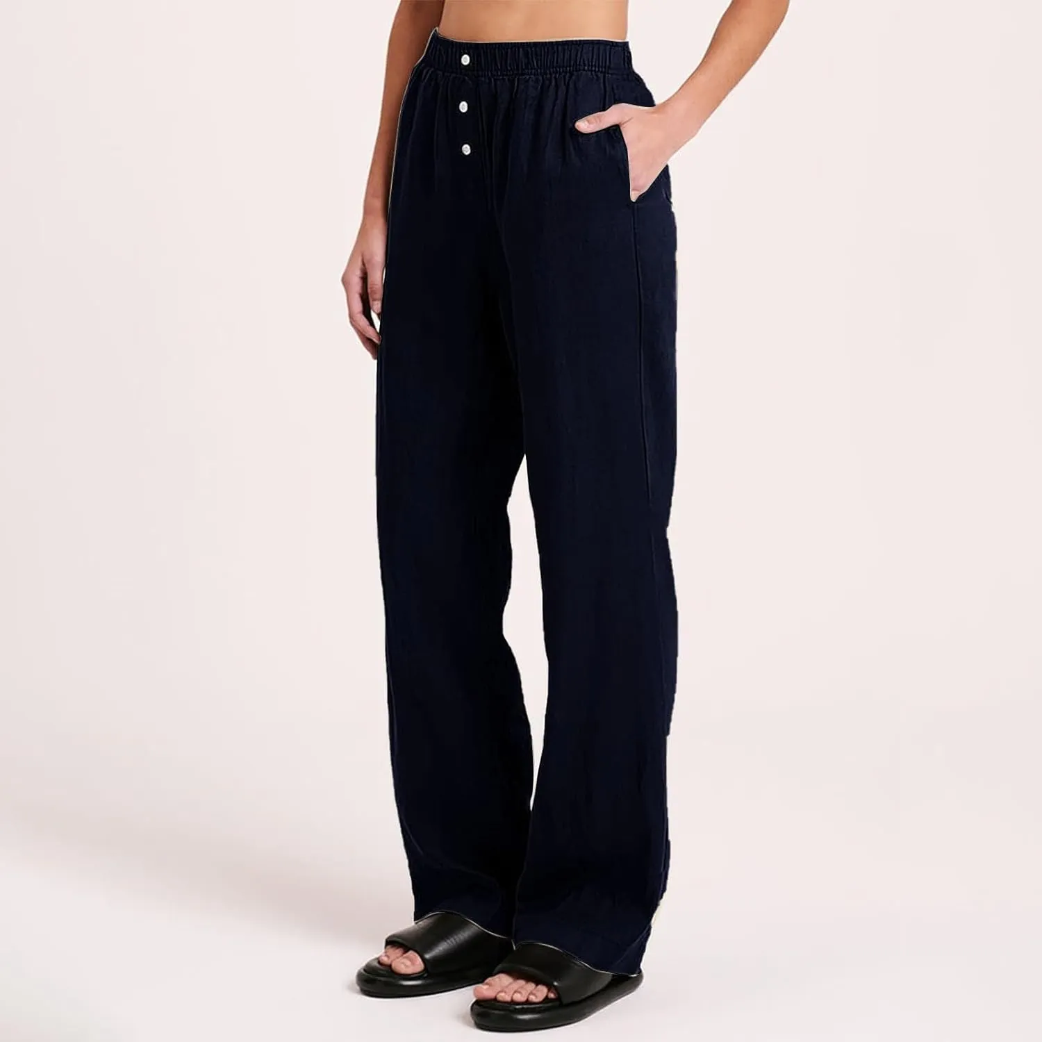 Loose Linen Pants for Women Elastic High Waisted Wide Leg Loose Comfy Trousers with Pockets Linen Blend Pants