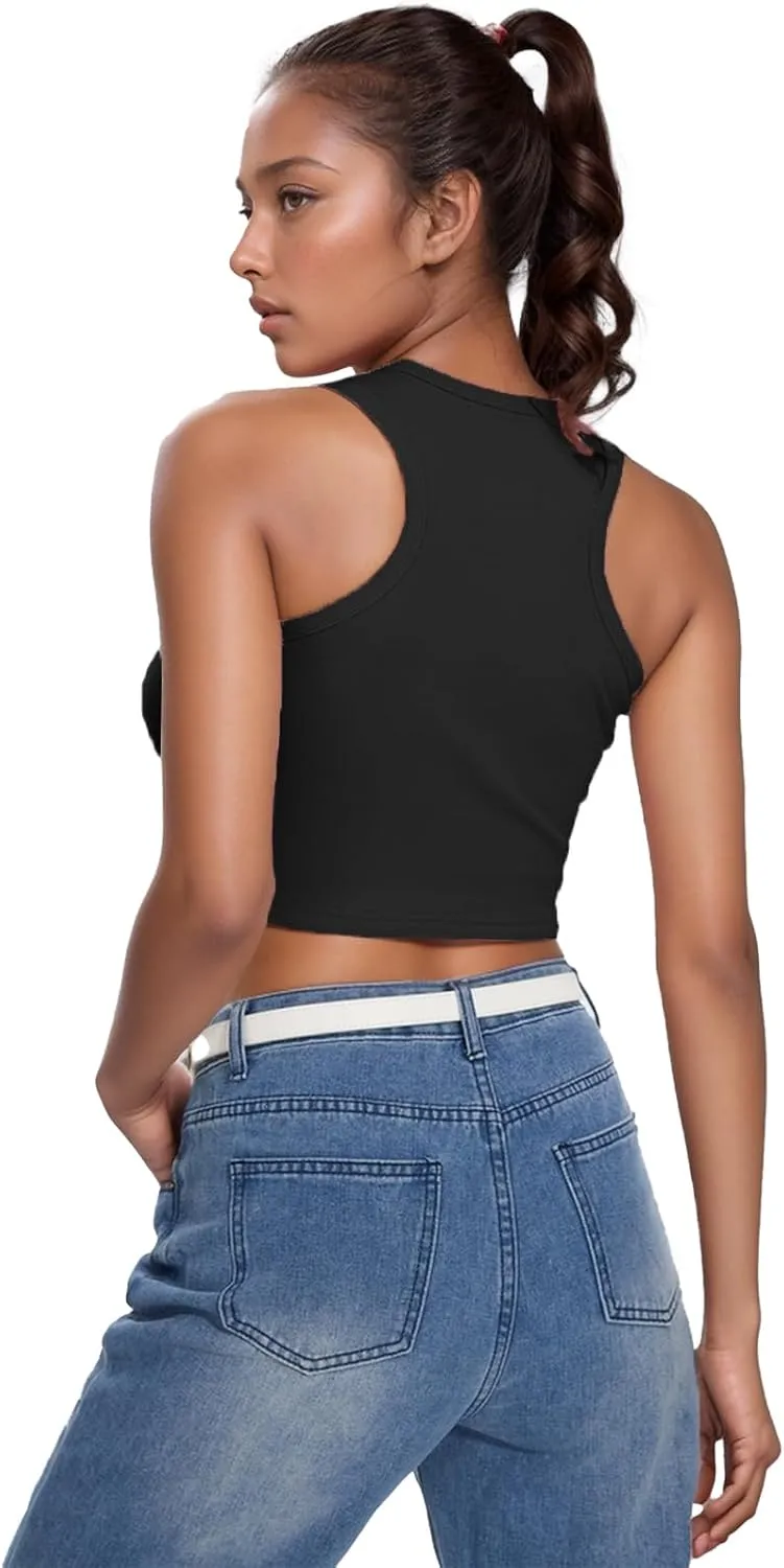 LQI Round Neck Racerback Tank Top Y2K Slim Fit Crop Top Pink Tops for Women Girls