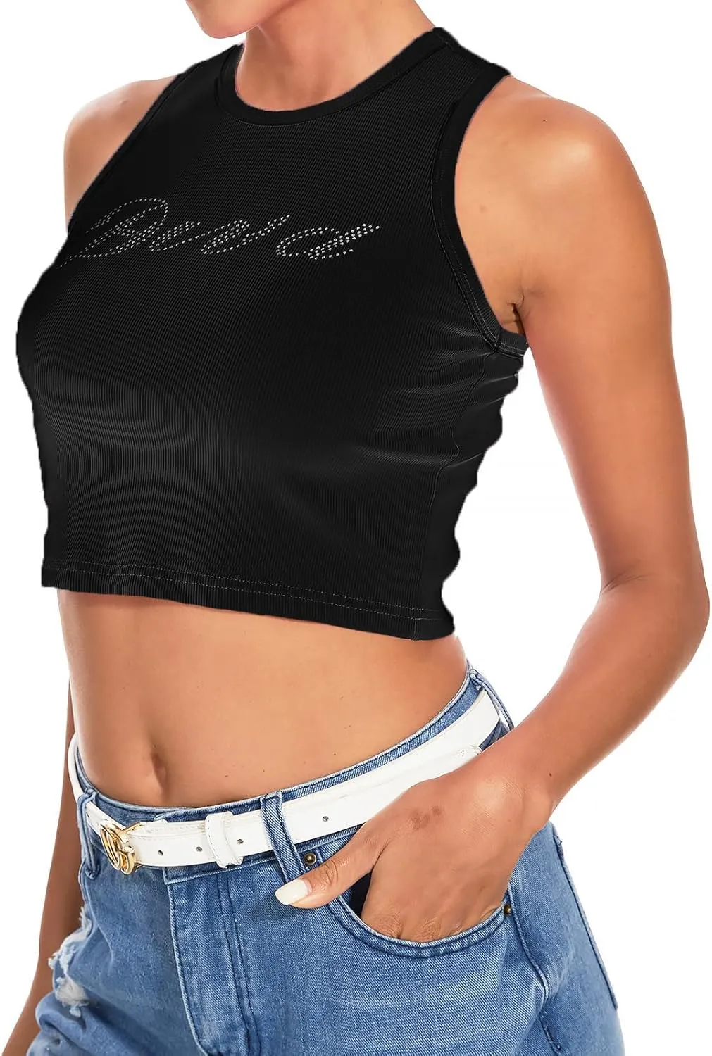 LQI Round Neck Racerback Tank Top Y2K Slim Fit Crop Top Pink Tops for Women Girls
