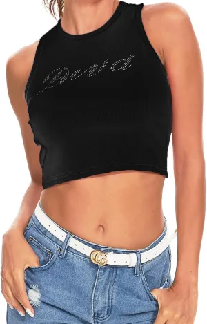 LQI Round Neck Racerback Tank Top Y2K Slim Fit Crop Top Pink Tops for Women Girls