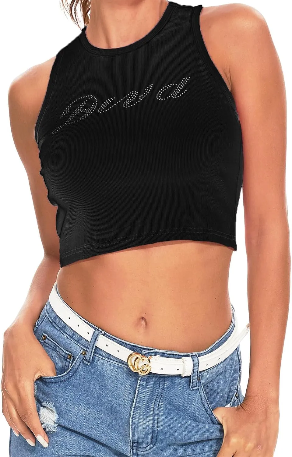 LQI Round Neck Racerback Tank Top Y2K Slim Fit Crop Top Pink Tops for Women Girls