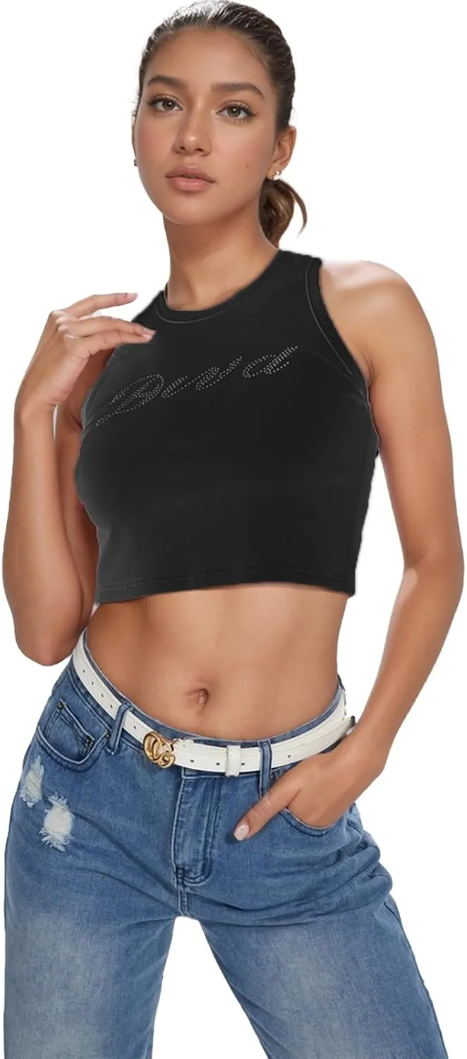 LQI Round Neck Racerback Tank Top Y2K Slim Fit Crop Top Pink Tops for Women Girls