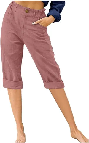 LRMQS Womens Capris for Summer Cotton Linen Pants Casual 2025 Loose Comfy Trendy Elastic Waist Cropped Trouser Beach Clothes