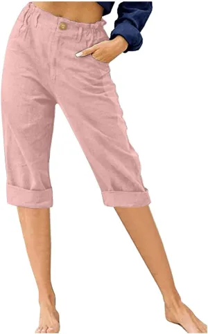 LRMQS Womens Capris for Summer Cotton Linen Pants Casual 2025 Loose Comfy Trendy Elastic Waist Cropped Trouser Beach Clothes