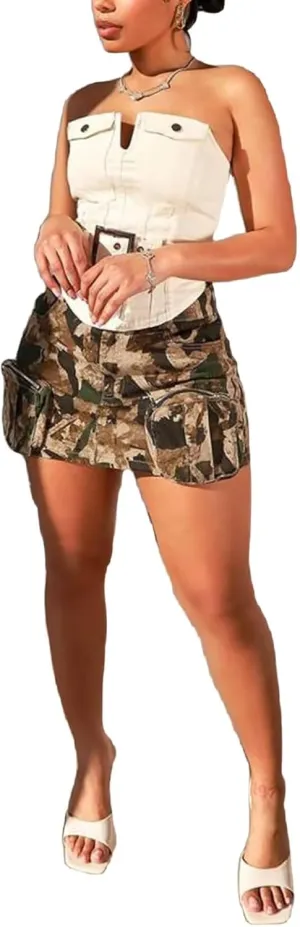 LROSEY Women Cargo Mini Skirt Y2k Denim Skirt A Line Stretchy Jean Skirts with Pocket Mid Rise