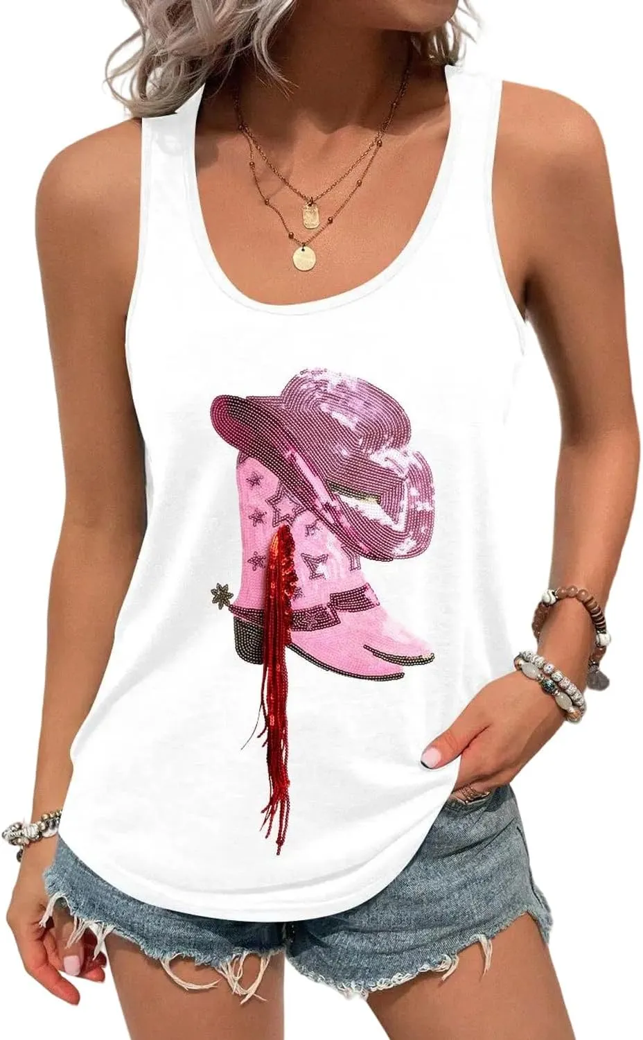 LUKYCILD Western Tank Top for Women Sequin Shirt Cowgirl Graphic Sleeveless Tanks Racerback Tank Cami Casual Summer Vest Top