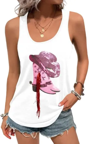 LUKYCILD Western Tank Top for Women Sequin Shirt Cowgirl Graphic Sleeveless Tanks Racerback Tank Cami Casual Summer Vest Top