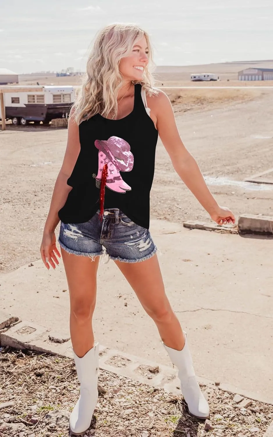 LUKYCILD Western Tank Top for Women Sequin Shirt Cowgirl Graphic Sleeveless Tanks Racerback Tank Cami Casual Summer Vest Top