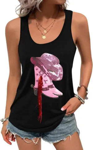 LUKYCILD Western Tank Top for Women Sequin Shirt Cowgirl Graphic Sleeveless Tanks Racerback Tank Cami Casual Summer Vest Top