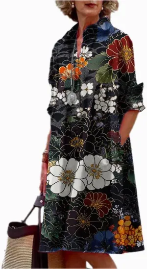 MARSVOVO Womens Linen Long Sleeve Midi Printed Button Down Shirt Dress Plus Size Loose Shirt Dresses for Women with 2 Pockets