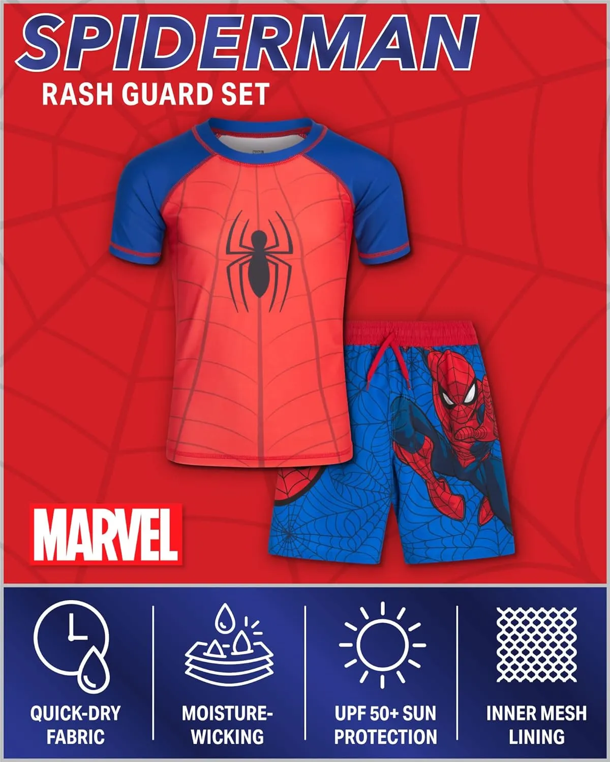 Marvel Boys Rash Guard Set - 2 Piece Spiderman Spidey & His Amazing Friends UPF50  Swim Shirt & Swim Trunks for Boys (2T-12)