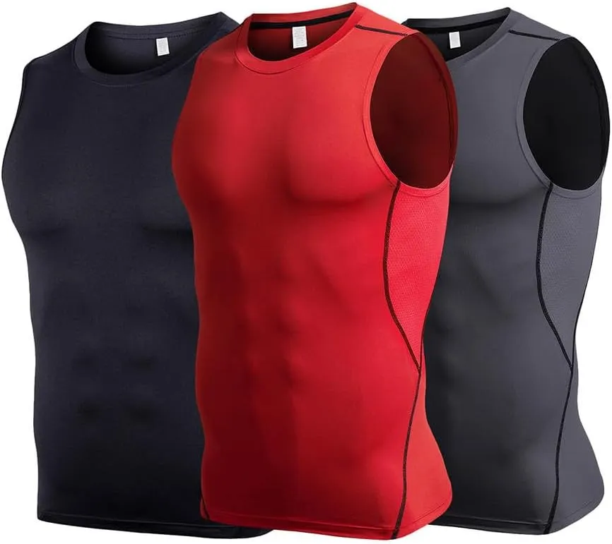 Men 3pack Compression Tank Top, Slimming Undershirt, Under Armor Compression Shirt Pack Athletic Base Layer Sport Tank Top