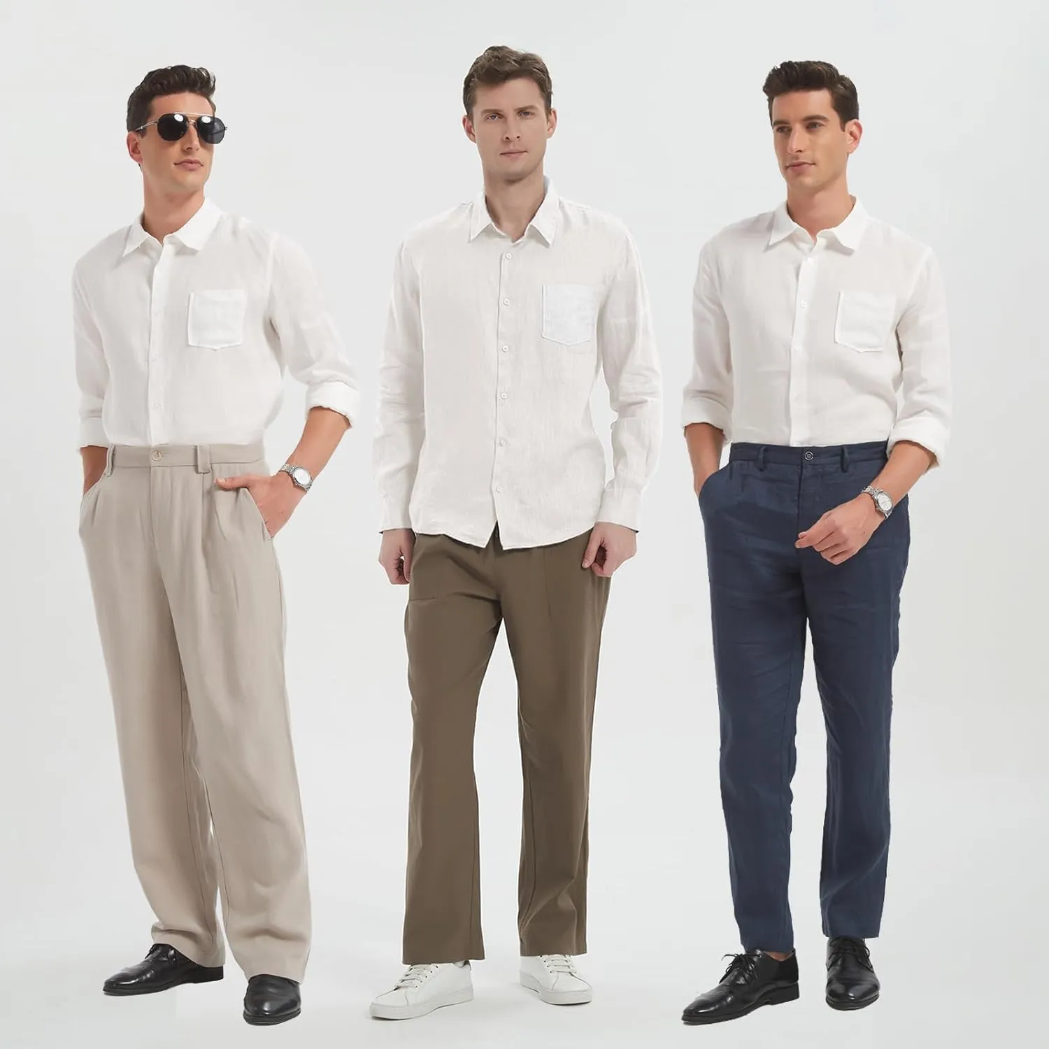 Men's 100% Linen Shirt Casual Long Sleeve Button-Down Shirt for Men Lightweight Linen Shirt with Pockets