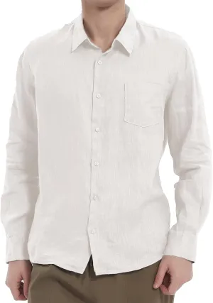 Men's 100% Linen Shirt Casual Long Sleeve Button-Down Shirt for Men Lightweight Linen Shirt with Pockets