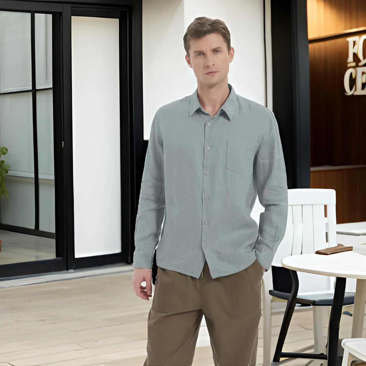 Men's 100% Linen Shirt Casual Long Sleeve Button-Down Shirt for Men Lightweight Linen Shirt with Pockets