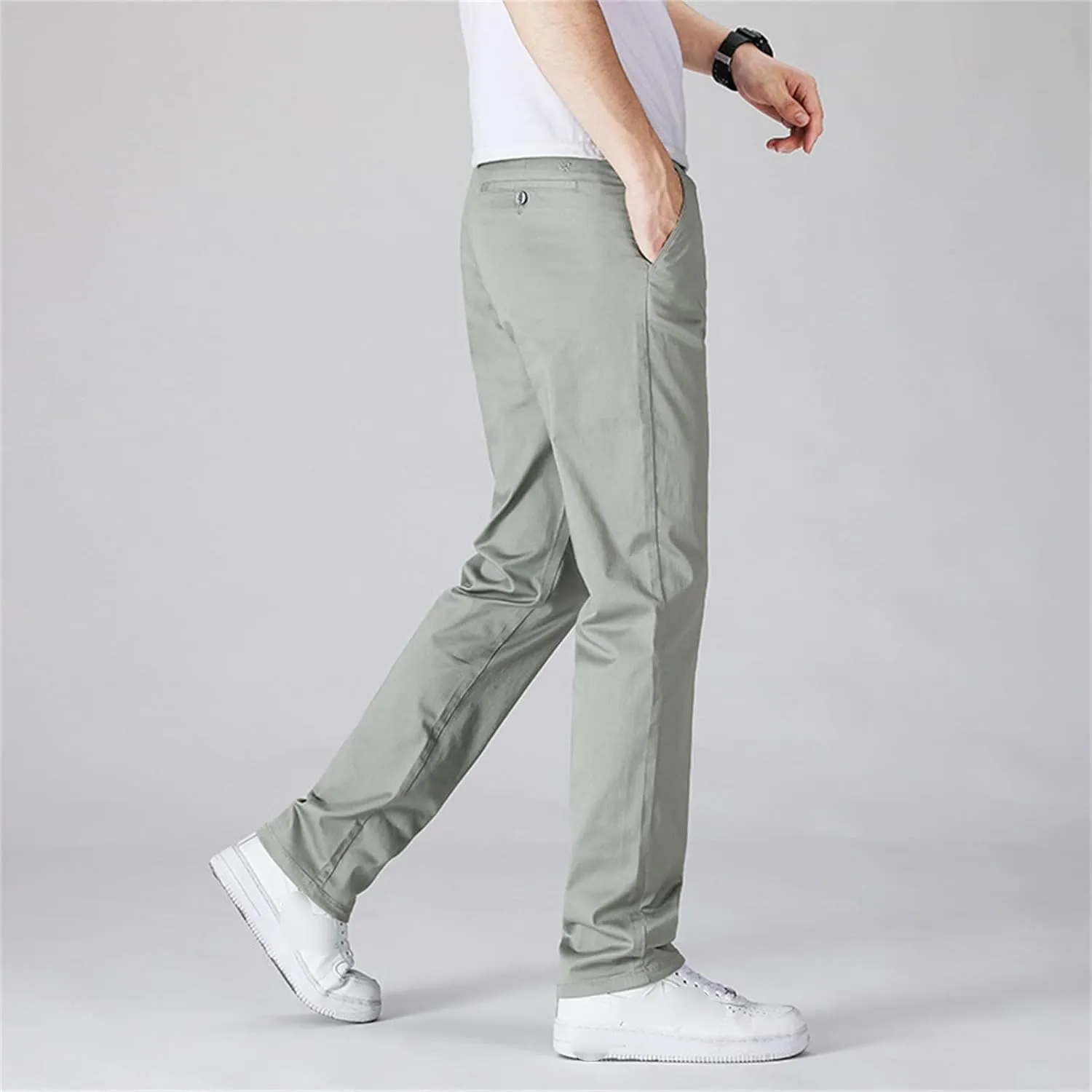 Men's Basic Stretch Chino Pants Casual Classic Soft Straight Fit Pant Solid Color Flat Front Daily Trousers