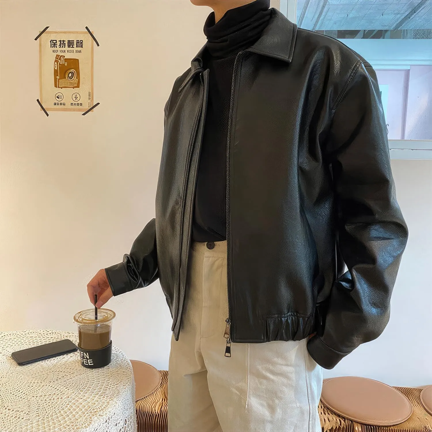 Men's Bomber Genuine Sheepskin Oversized Leather Jacket Classic Shirt Collar Loose Casual Winter Cool Designer Lightweight