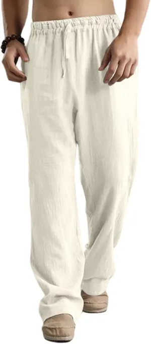 Mens Casual Linen Pants, Lightweight Loose Straight-Legs Trousers Leisure Elastic Waist Sports Beach Yoga Long Pants