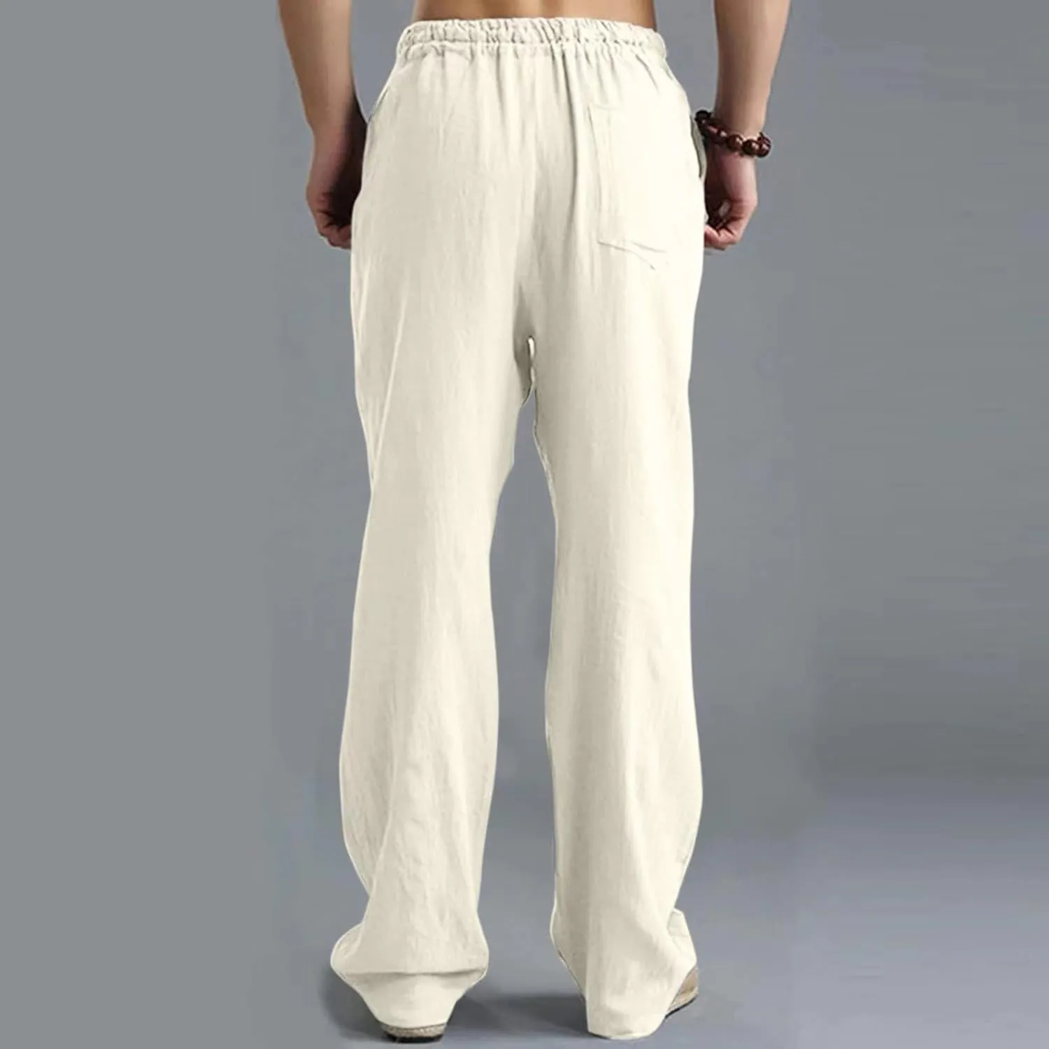 Mens Casual Linen Pants, Lightweight Loose Straight-Legs Trousers Leisure Elastic Waist Sports Beach Yoga Long Pants