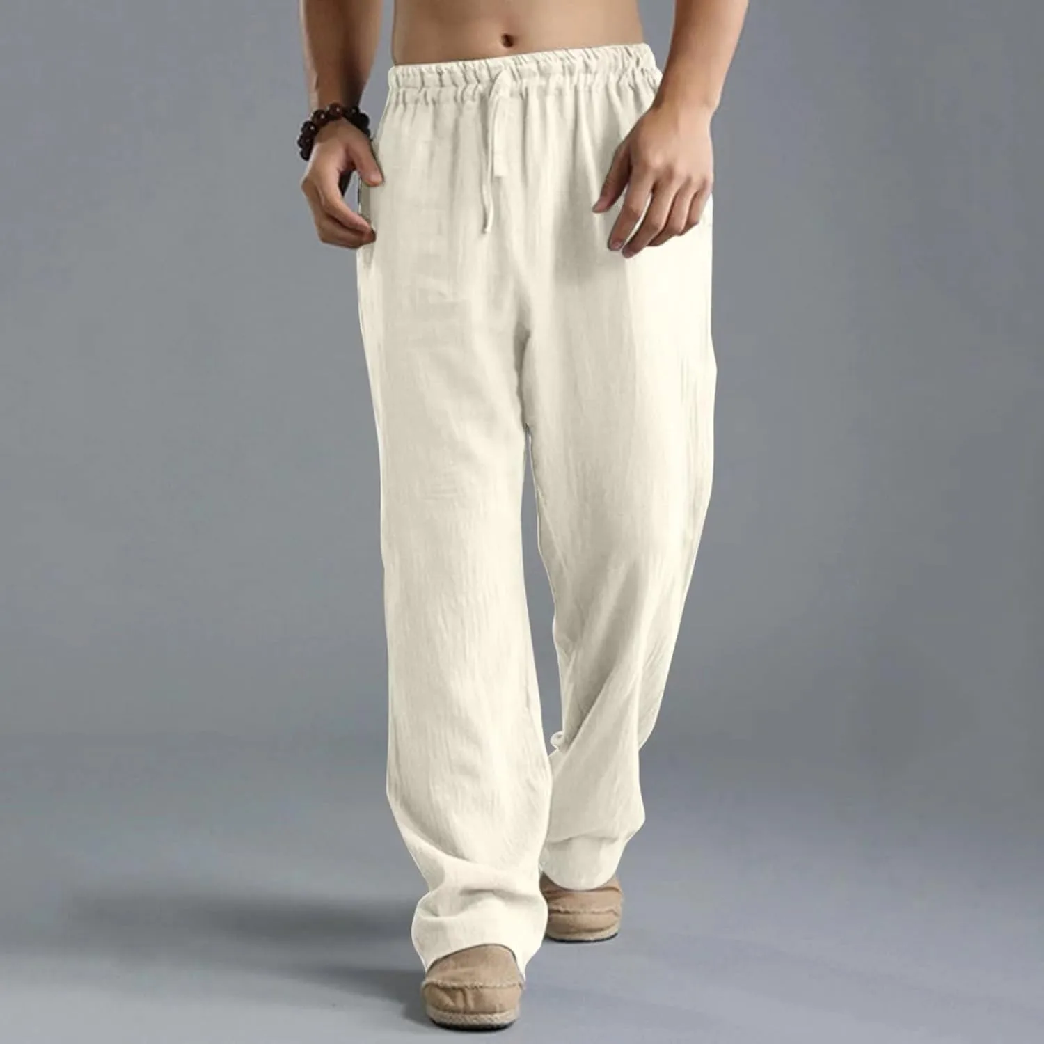Mens Casual Linen Pants, Lightweight Loose Straight-Legs Trousers Leisure Elastic Waist Sports Beach Yoga Long Pants