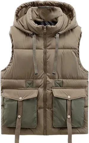 Men's Hooded Vest Winter Zipper Warm Stand Collar Waistcoat Men Cotton Padded Sleeveless Jackets