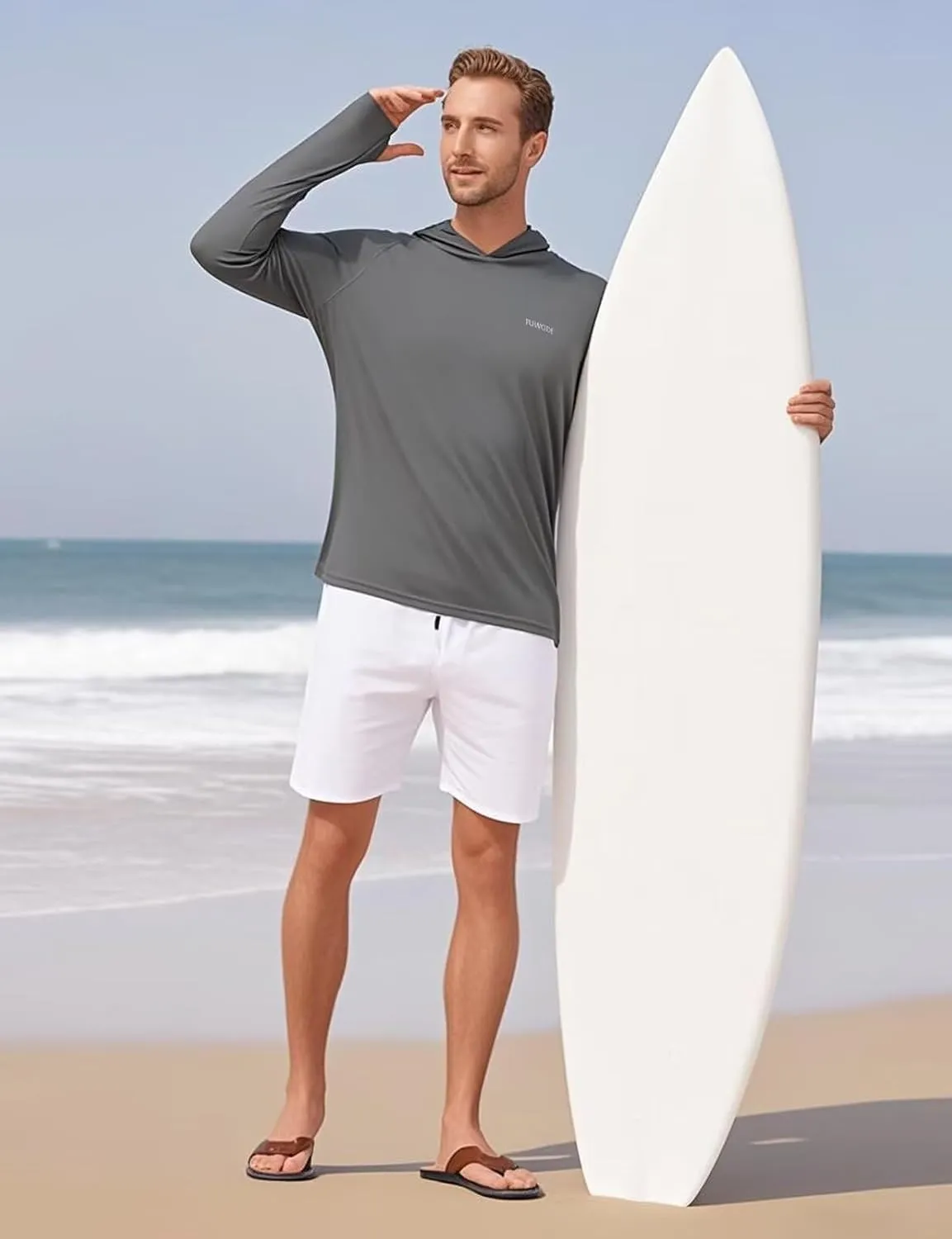 Mens Long Sleeve Sun Shirt with Hood Mask UPF SPF UV Protection for Hiking Fishing Kayaking Summer Outdoor Activities