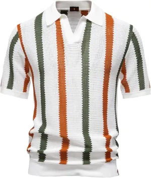 Men's Ribbed Knit Polo Shirt Breathable Striped Casual Golf Shirt with Comfortable Collar
