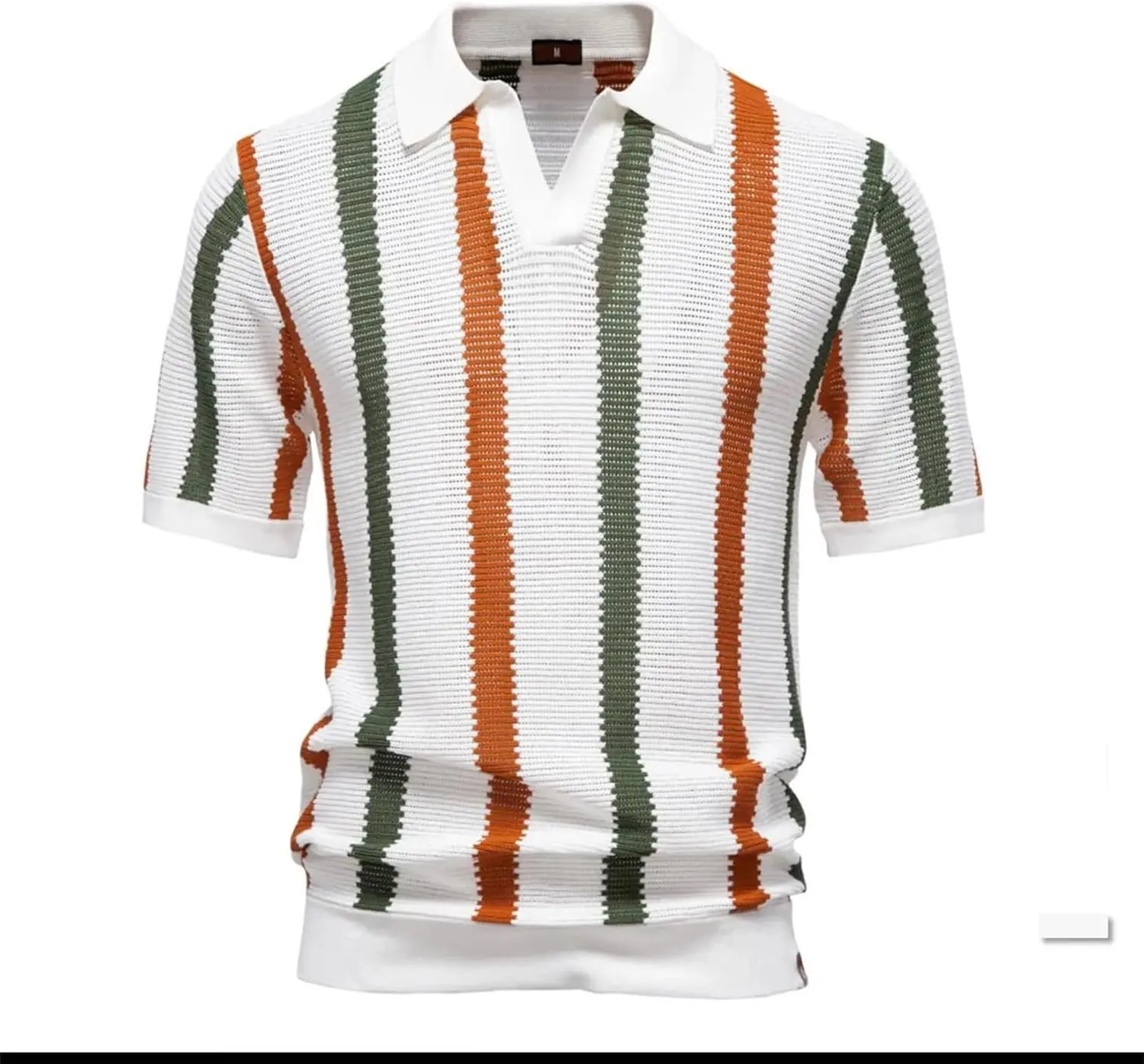 Men's Ribbed Knit Polo Shirt Breathable Striped Casual Golf Shirt with Comfortable Collar