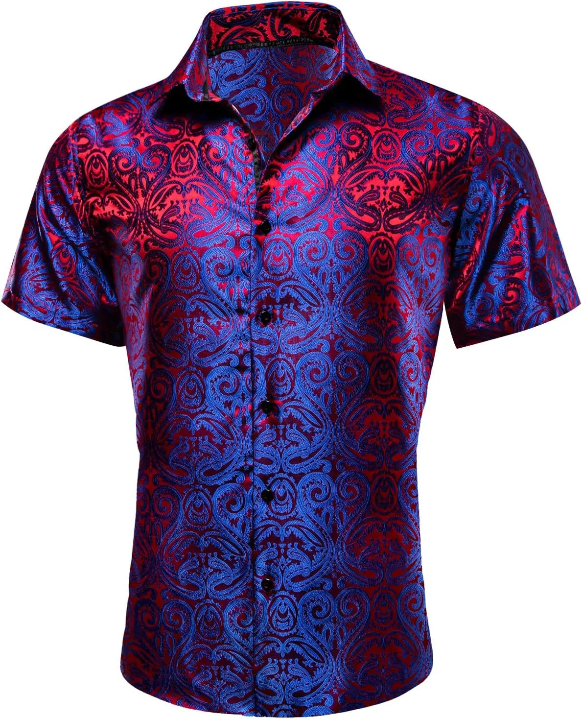 Men's Silk Shirt Paisley Floral Jacquard Short Sleeve Button Down Dress Shirts Formal Casual Wedding Party