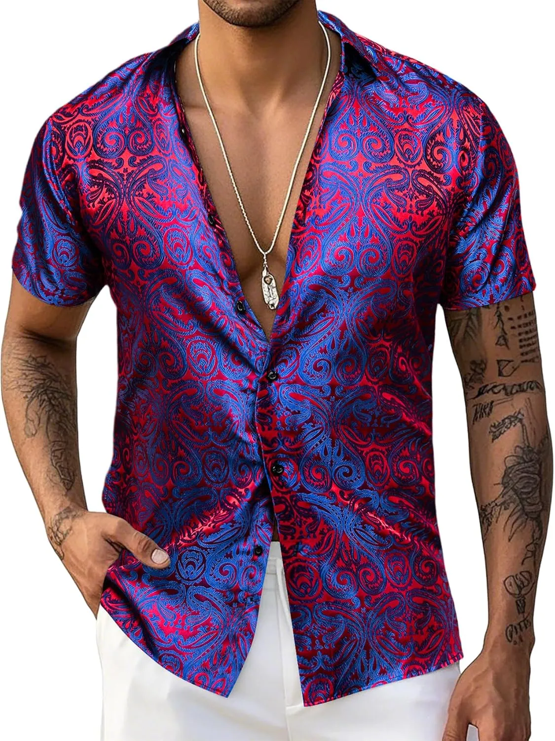 Men's Silk Shirt Paisley Floral Jacquard Short Sleeve Button Down Dress Shirts Formal Casual Wedding Party