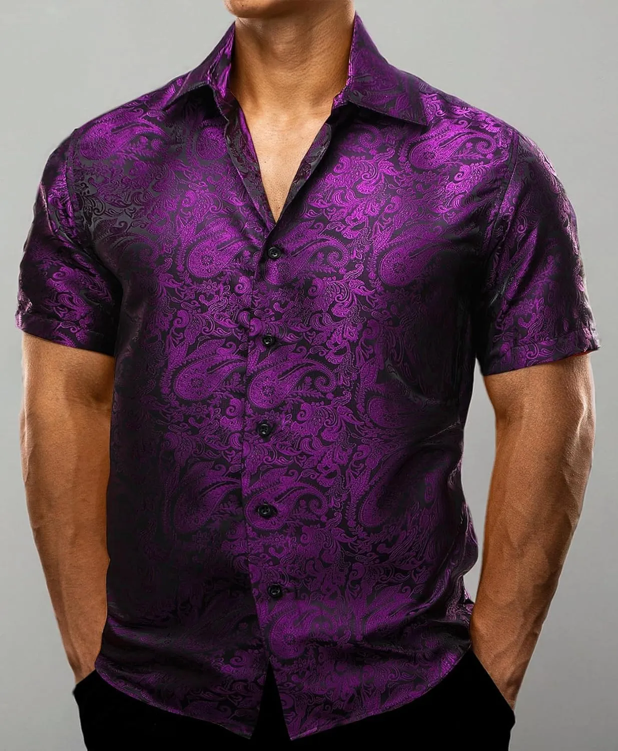 Men's Silk Shirt Paisley Floral Jacquard Short Sleeve Button Down Dress Shirts Formal Casual Wedding Party