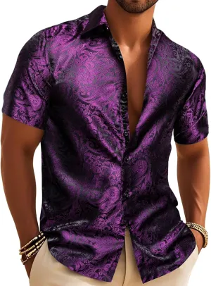 Men's Silk Shirt Paisley Floral Jacquard Short Sleeve Button Down Dress Shirts Formal Casual Wedding Party