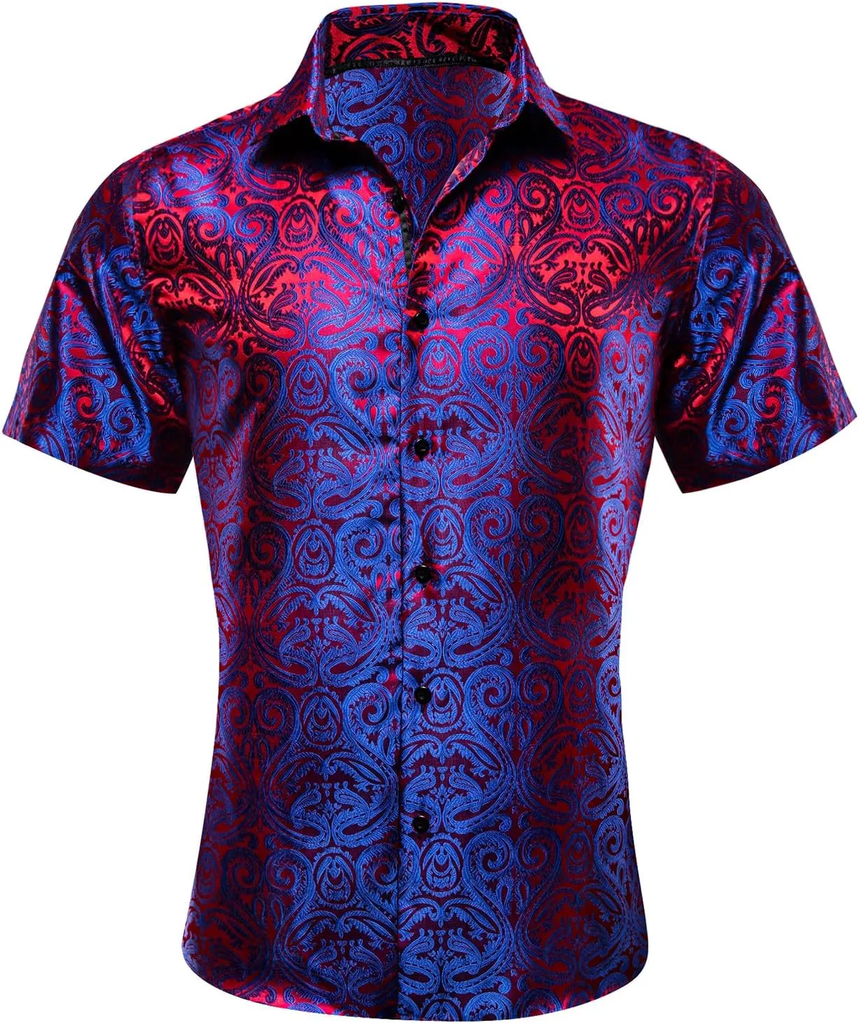 Men's Silk Shirt Paisley Floral Jacquard Short Sleeve Button Down Dress Shirts Formal Casual Wedding Party