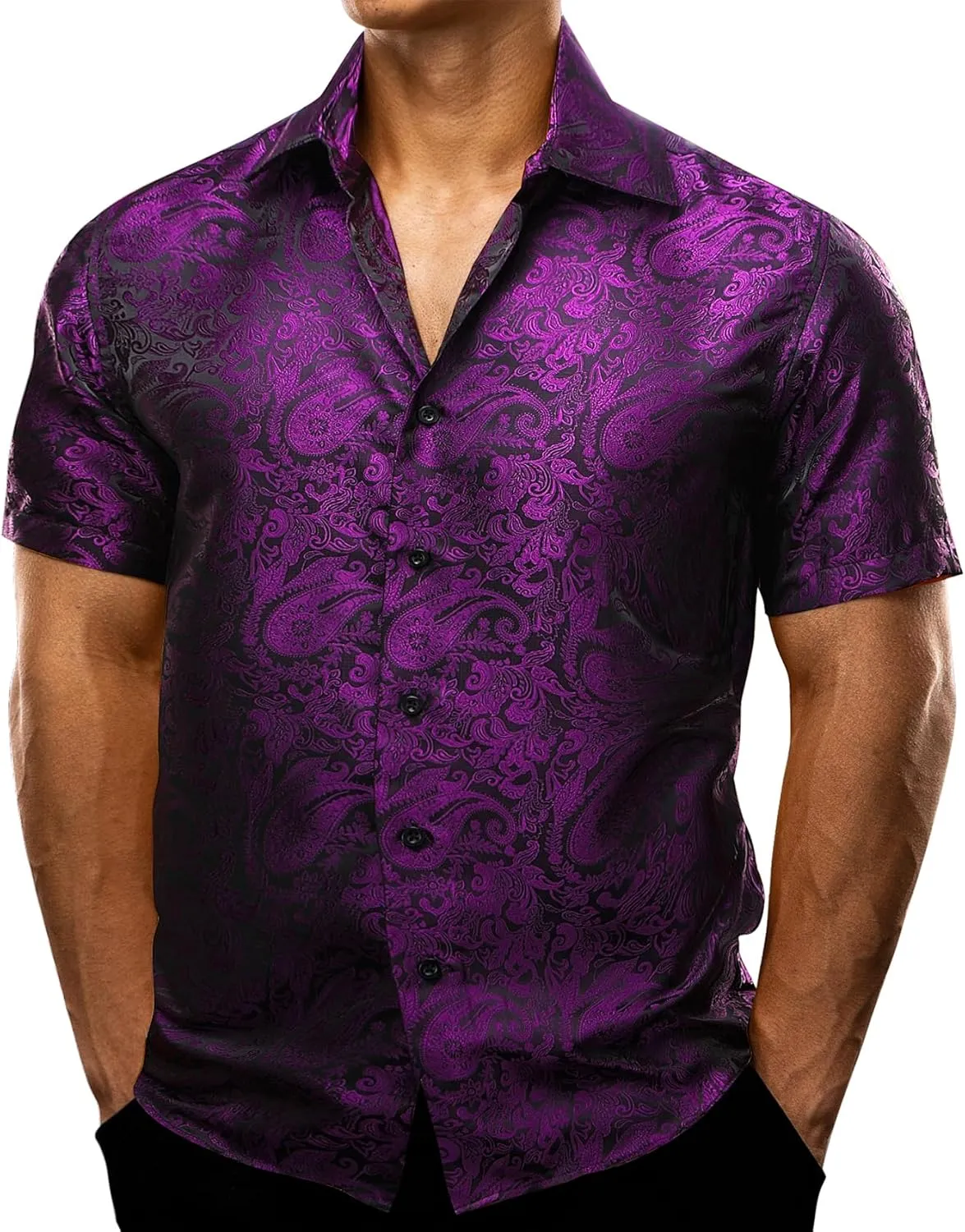 Men's Silk Shirt Paisley Floral Jacquard Short Sleeve Button Down Dress Shirts Formal Casual Wedding Party