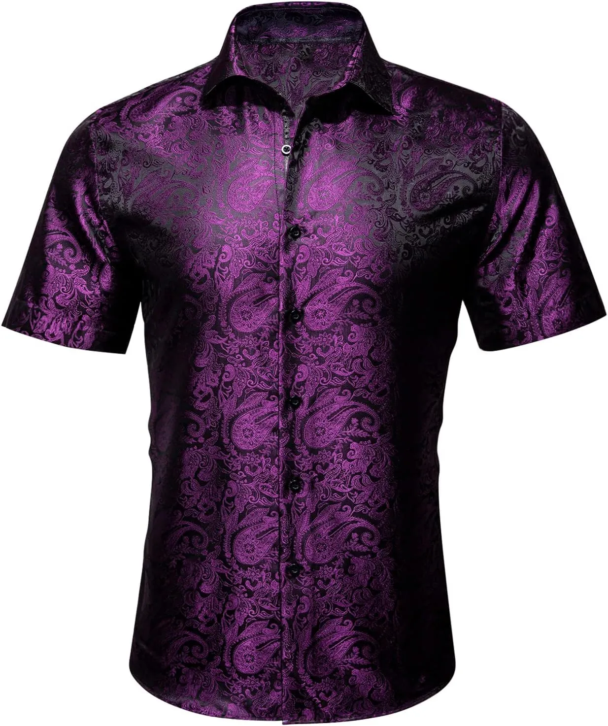 Men's Silk Shirt Paisley Floral Jacquard Short Sleeve Button Down Dress Shirts Formal Casual Wedding Party