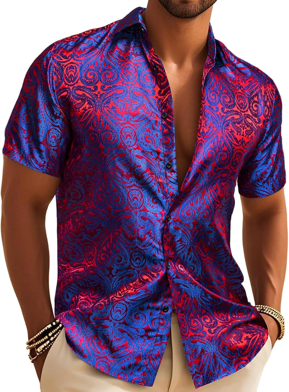 Men's Silk Shirt Paisley Floral Jacquard Short Sleeve Button Down Dress Shirts Formal Casual Wedding Party